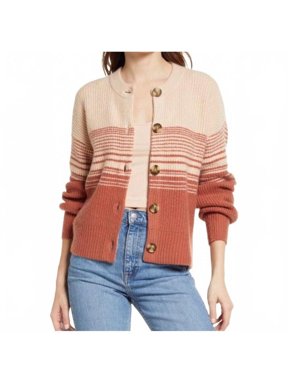 Madewell Striped Corbett Cardigan Weathered Brick Button Front Wool Blend Size M